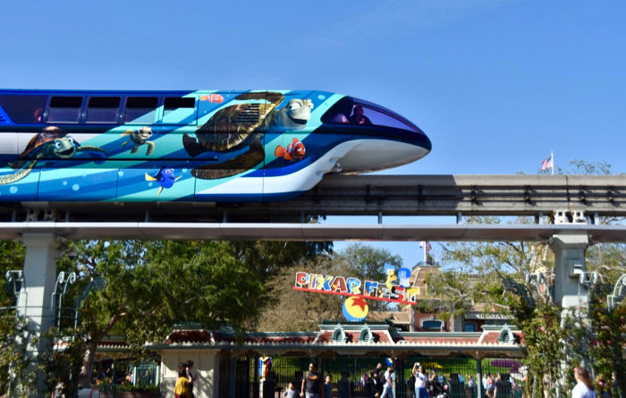 Wrapped Pixar monorail for Pixar Fest 2018 at the Disneyland Resort