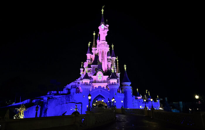 Sleeping Beauty Castle at Disneyland Paris at night