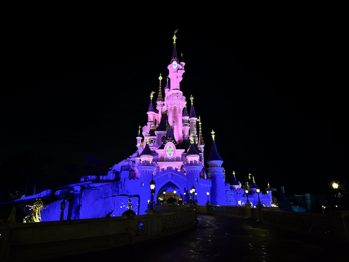 Sleeping Beauty Castle at Disneyland Paris at night