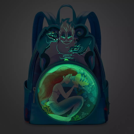 The Little Mermaid Loungefly Mini Backpack that glows in the dark - front glowing 