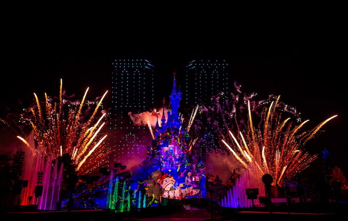 The Hunchback on Sleeping Beauty Castle with Fireworks