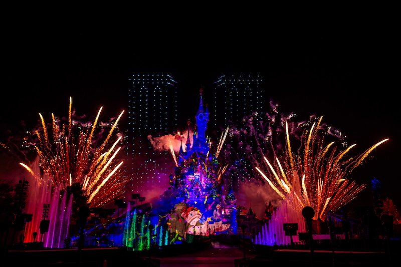 The Hunchback on Sleeping Beauty Castle with Fireworks