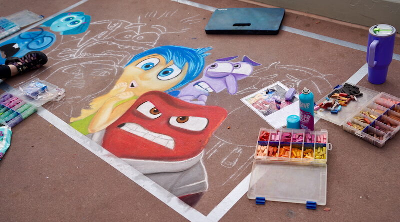 Joy, Anger and Fear from Inside Out 2 in chalk art